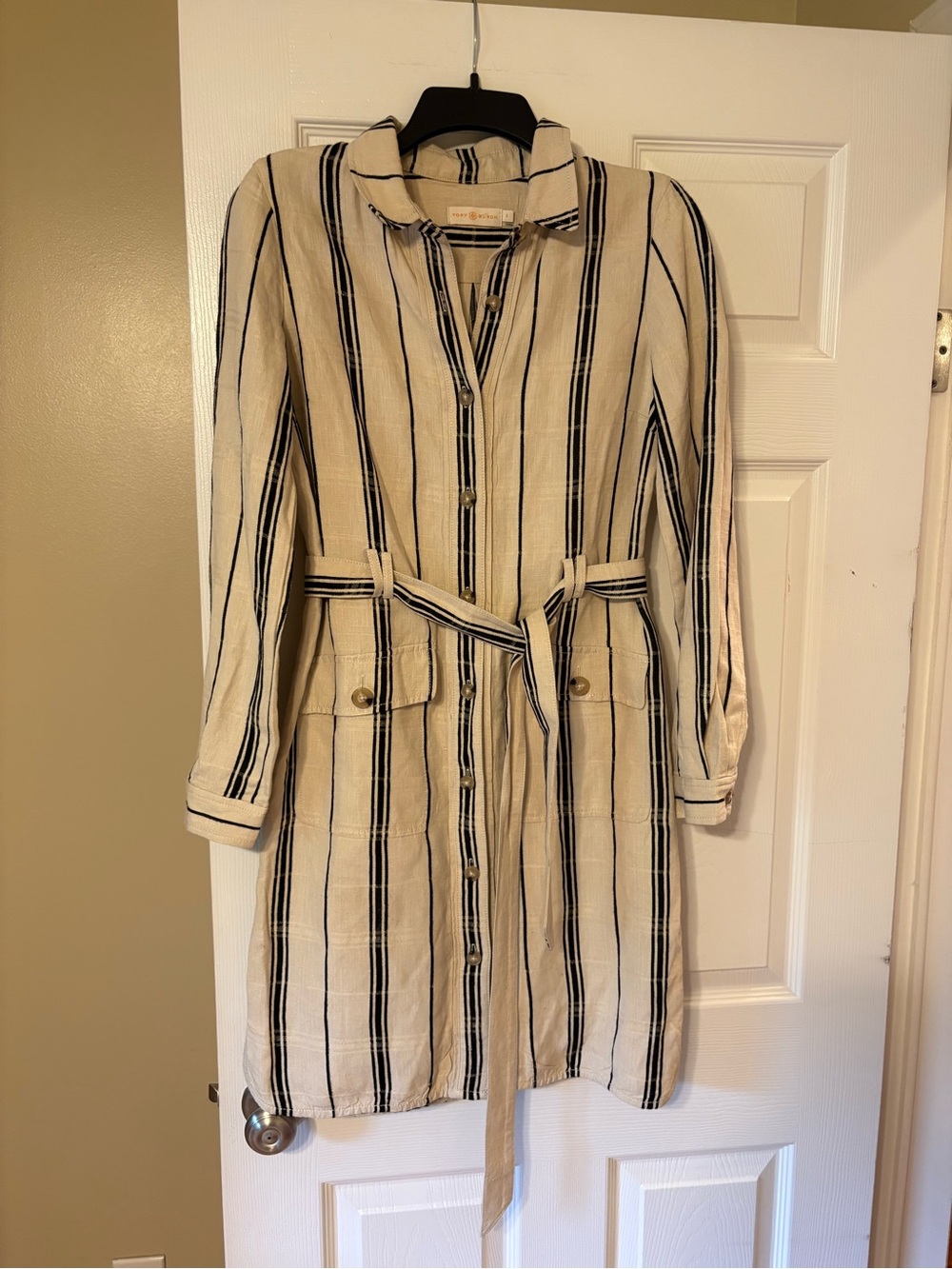 Tory Burch Striped Shirt Dress Beige Black Button Front Tie Waist Casual Midi
